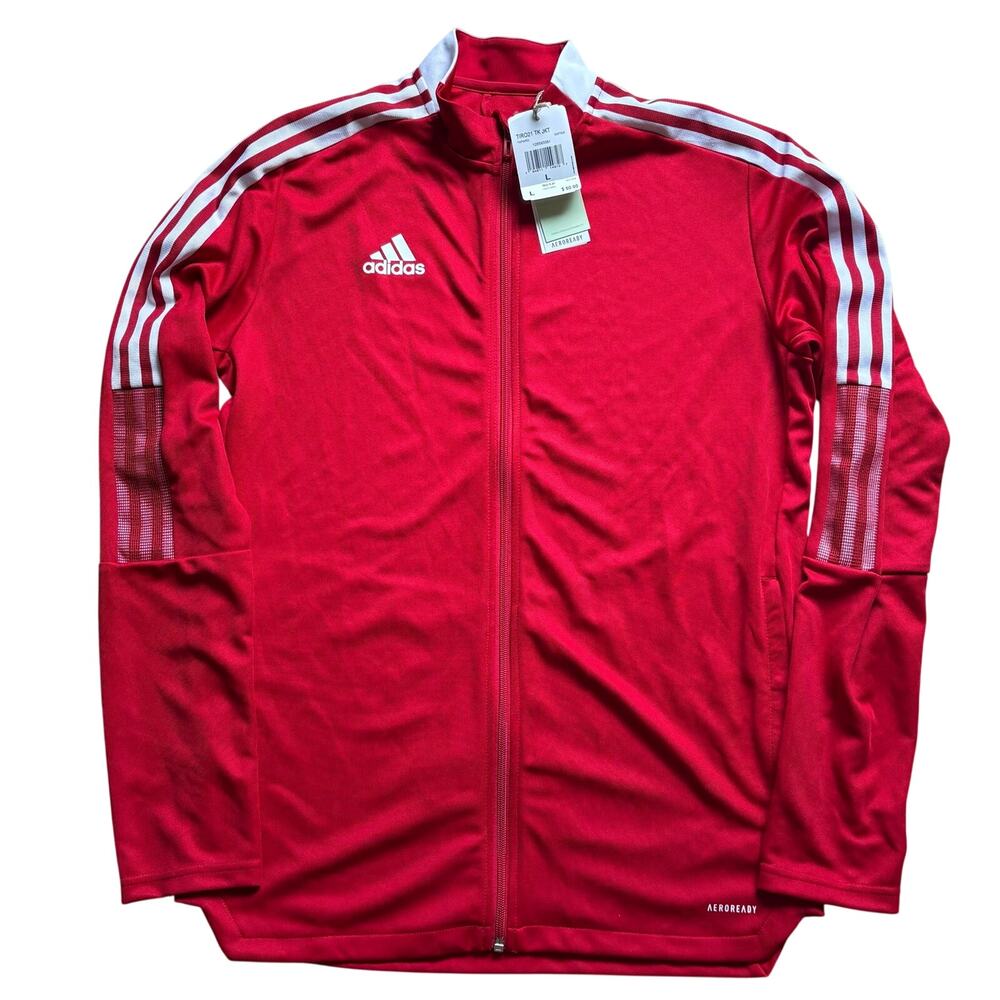 NWT adidas Men’s TIRO 21 Track Jacket Red White 3 Stripe Pocket Large Aeroready